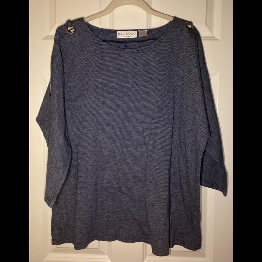 Bleu Bayou Casual Wear striped crew neck top with grommet detail on sleeves.